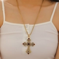 Gothic vintage gold layered necklace with ornate cross pendant and red crystal beads - Antique Gold Ruby Cross Pendant (X087)
