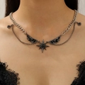Gothic multi-layer necklace with black gemstone star pendant and silver-tone chains - Octagram Wing Style (8455)
