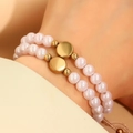 Elegant double-layered bracelet with soft pink pearls and golden metallic disc charms - Pink Artificial Pearl Bracelet (40 Pearl 1675)