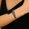 Bohemian handmade beaded bracelet with blue crystal beads, heart charm, and tassel accent - Blue Heart Tassel (45 Blue Bead 10098)