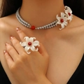 French vintage pearl floral double-layer necklace and ring set for women - Vintage Gray Artificial Pearl White Flower Necklace Ring Set - Reorder / Gray/White