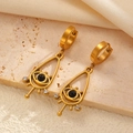 Detail of gold evil eye drop earrings with black beads and zircons on beige stone - Gold Waterdrop Evil Eye Style (A-590)