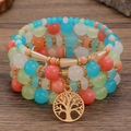 Bohemian meerlaagse armband met kleurrijke kralen en gouden Levensboom-hanger voor dames - Hemelsblauw Roze Oranje Mix (M-537)