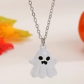 Halloween silver necklace with a cute white ghost pendant and festive leaf background - Necklace (04 White 0677) / White