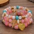 Drielagige Boheemse kralenarmbandset met levensboom en hartjesbedels in roze en blauw - Roze Wit Blauw Citaat Hart (M-543)