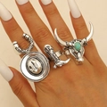 Retro-Silber Western Cowboy Ring-Set mit Hufeisen, Hut, Stiefeln und Türkis-Stierkopf - Vierteiliges Vintage Graviertes Offenes Ring-Set (DZ-551) / Antiksilber