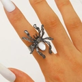 Gothic spider open ring in black alloy with a teardrop moonstone on finger - White Zirconia Style (M-423) / Gunmetal