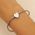 Silver steel cable bracelet for women featuring a polished heart centerpiece and beads - Silver Heart Style (WG-0261)