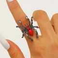 Gothic black alloy spider open ring with red crystals and teardrop gemstone on finger - Red Zirconia Style (M-399) / Gunmetal