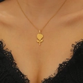Detailed close-up of 18K gold plated 3D rose flower pendant necklace on model - Gold Minimalist Rose Necklace (G-392)