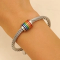 Brazalete de cable de acero inoxidable con cuenta cilíndrica de colores arcoíris - Estilo de Cilindro Arcoíris Plateado (0613)