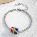 Pulsera de cadena de serpiente plateada con cuenta de esmalte arcoíris y cierre ajustable - Estilo Arcoíris de Cadena de Serpiente Plateada (5459)