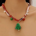 Collier de Noël avec ruban en soie de renne rouge et pendentif sapin en peluche verte - Style Sapin de Noël Peluche Cloche (G-528)