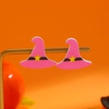 Schattige roze Halloween heksenhoed oorbellen met zwarte band en gele ster detail - Roze Toovenaarshoed Stijl