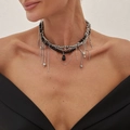 Multilayer choker with black beads and silver heart pendants for women fashion - White K Color (8050) / Multi-Layer Punk Charm Style (8050)