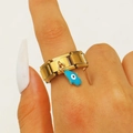 Goldener modularer Ring mit Hamsa-Hand und blauem Evil Eye Anhänger für Damen - 18 Karat Vergoldeter Blauer Hand Der Fatima Anhänger Ring (S512)