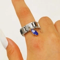 Modularer Ring aus Edelstahl mit blauem Hamsa-Hand-Anhänger und Evil Eye Motiv - Silberfarbener Dunkelblauer Hand Der Fatima Anhänger Ring (DZ-575)