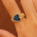 Verstelbare goudkleurige hart horloge ring met donkerblauwe wijzerplaat en metalen band - Hartvorm (7899) / Goud Blauw