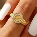 Anello aperto creativo placcato oro a forma di orologio con zirconi bianchi - Strass (7515) / Imitazione Oro
