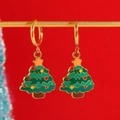 Orecchini a cerchio a forma di albero di Natale dorati con smalto verde e decori - Stile Albero di Natale Innevato (08 Oro 18k 4138)