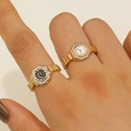 Anello orologio dorato con quadranti neri e bianchi e pietre in zircone lucido - Set da 2 Pezzi