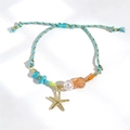 Handmade woven starfish bracelet with blue yellow green threads and pearl beads - Light Blue