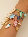 Set of four beach-style woven bracelets with colorful ceramic starfish and seashell charms - Ocean Series Bracelet