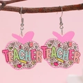 Pink acrylic apple earrings for teachers with floral motifs and teacher typography - Pink Apple Teacher Style (07 White K 8497)