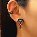 Gothic punk black ear cuff set with blue crescent moon and white zircon studs - Moon and Star Combo / Matte Black Style (M-305)