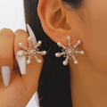 Winter snowflake stud earrings with gold finish, sparkling rhinestones and white pearls - 01 KC Gold Style (M-394)