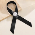 Elegant black mourning ribbon lapel pin with a centered round white pearl decoration - Black Satin Single Artificial Pearl (14 Black)