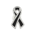 Silver funeral mourning ribbon brooch with black enamel and sparkling rhinestones - Black Enamel Silver-Edged Rhinestone Style (10K White Gold 9952)