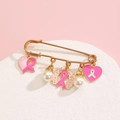Breast Cancer Awareness pink ribbon heart charm brooch with pearls on gold safety pin - Pink Ribbon Wreath Style