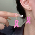 Pink ribbon breast cancer awareness dangle earrings in polished gold finish - Gold Ribbon Style (7562)