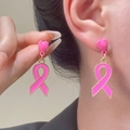 Hot pink ribbon heart earrings for breast cancer awareness in polished gold finish - Heart Pink Ribbon Style