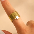 Detail of a vintage golden wide band ring featuring a delicate star-shaped pendant on finger - Five-pointed Star Style (G-542)