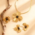 Elegant gold flower jewelry set with black round beads including necklace, ring and earrings - Black Bead Embellished Petal Style (5665) / Gold