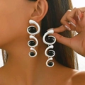 Modern silver snail spiral drop earrings with three oval black stones for women - Silver Spiral Black Rhinestone Drop Earrings (9722)