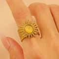 Bague soleil en acier inoxydable doré 18 carats avec pierre œil de chat jaune - Style Pointillé Tournesol (7154)