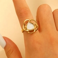 Exaggerated geometric open ring in 18k gold with white enamel flower design - Gold (10794)