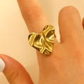 Exaggerated golden heart ring with liquid metal texture and adjustable open design - Liquid Heart Style (8840)