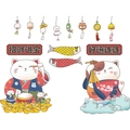 Autocollants muraux chats de la chance avec kimonos et vœux de prospérité - Style de Chat au Tambour (MG6008)