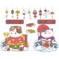 Autocollants muraux chat porte-bonheur avec vêtements festifs et drapeaux de koi - Style de Chat Dieu de la Fortune (MG6009)