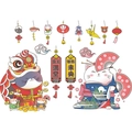 Stickers muraux chat du Nouvel An chinois avec chats porte-bonheur et motifs de danse du lion - Style de Chat Danse du Lion (MG6010)