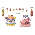 Sticker mural chat chanceux avec texte GET RICH et motifs festifs traditionnels - Style de Chat Nuages de Bon Augure (MG6011)