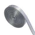 Close-up of grey polyester ribbon with white polka dots for gift wrapping and DIY crafts - 1cm Wide 20 Yards/Roll / Gray