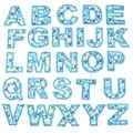 Detailansicht aller 26 floralen Alphabet-Stickpatches mit blauem Rand für DIY-Deko - Größe 5cm Selbstklebend / Blau