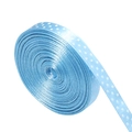 Macro view of light blue polka dot polyester ribbon roll for gift wrapping and DIY crafts - 1cm Wide 20 Yards/Roll / Lake Blue