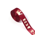 Detail of burgundy satin ribbon with gold crown prints and BEST TO text for gift wrapping - Width: 2.5cm 10 Yards/Roll / Burgundy