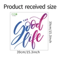 Detail van de Good Life muursticker afmetingen 39x39cm met blauwe verloopletters - 39*39CM